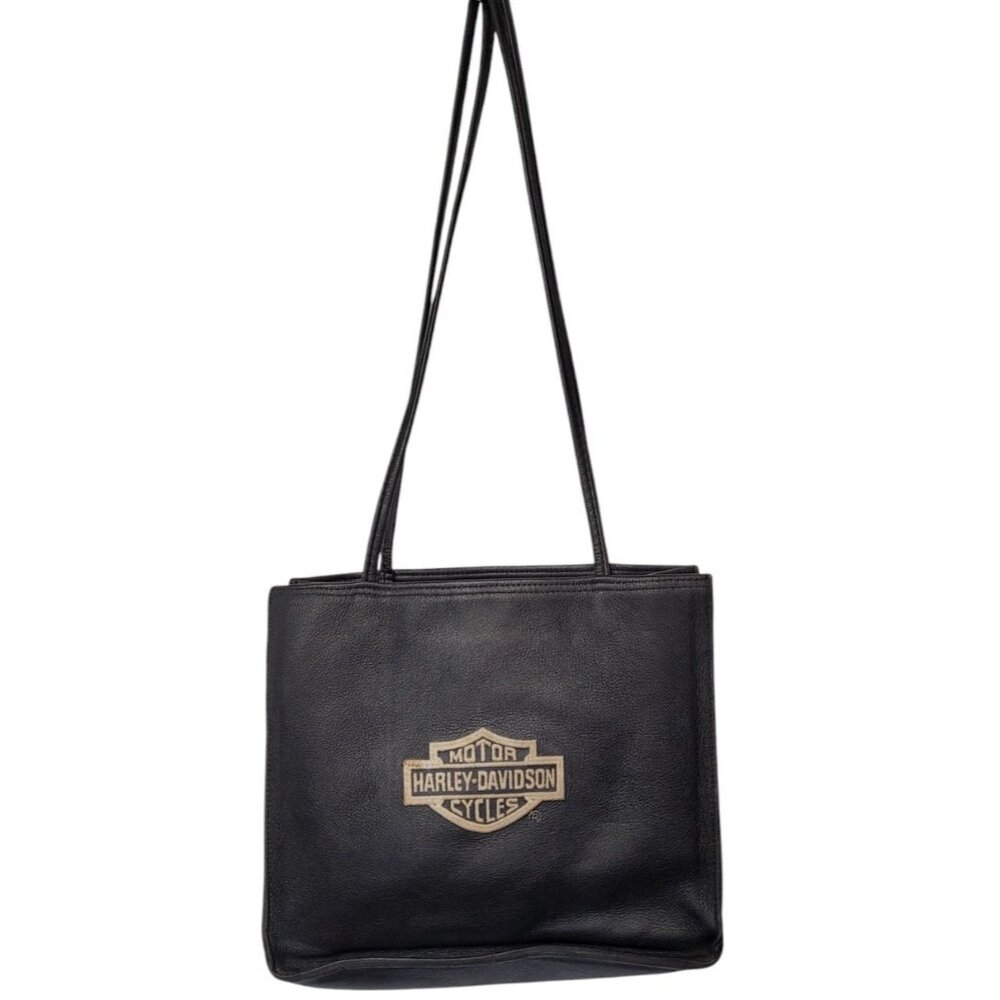 Vintage Harley Davidson Black Embroidered Logo Leather Shoulder Bag Purse Tote - Picture 2 of 16